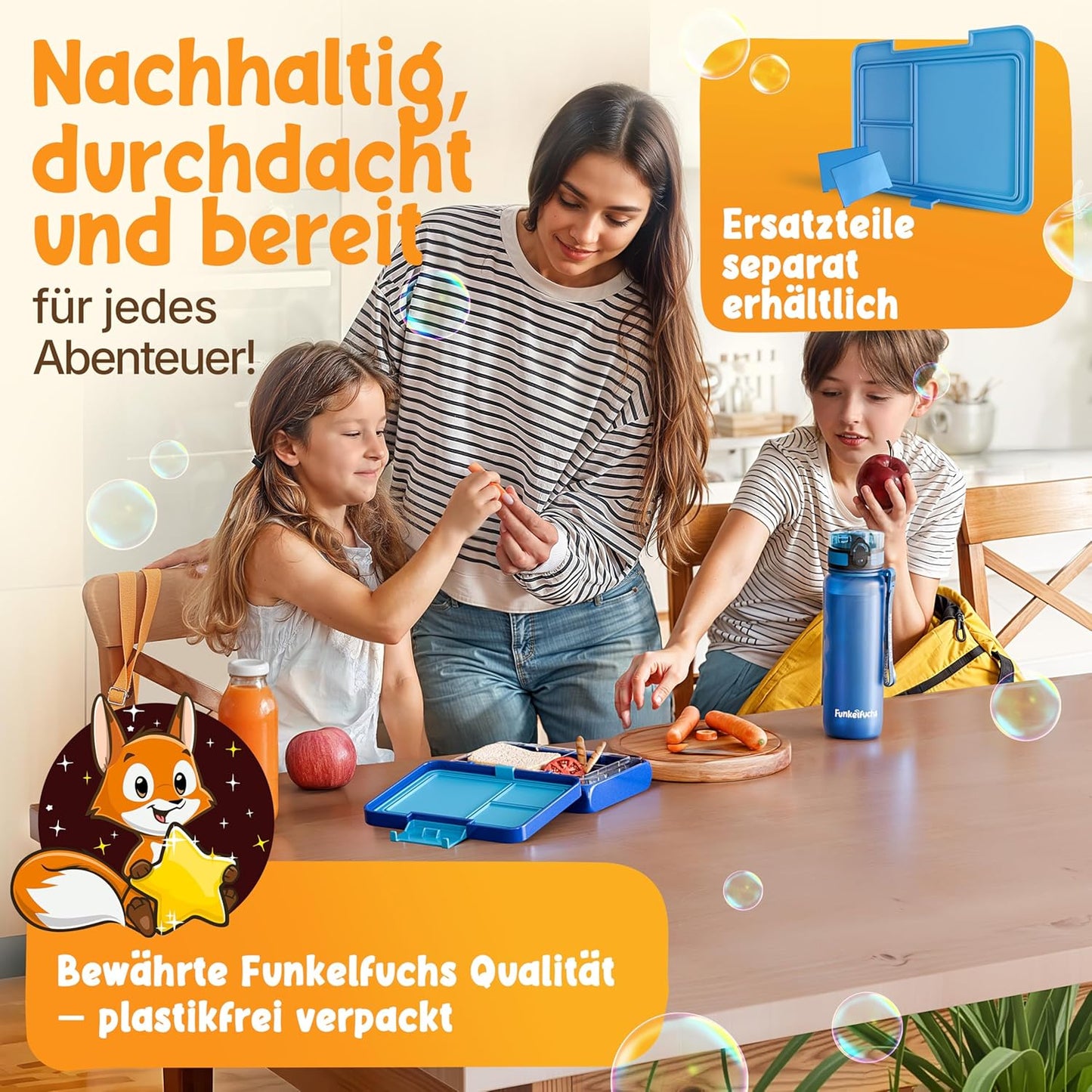 Funkelfuchs® - Lunchbox kinderen met vakjes - 500ml, blauw - Lunchbox ster, klein - Snackbox, snackbox, broodtrommel, maaltijdbox, bentobox kinderen - voor school, kleuterschool en kinderdagverblijf
