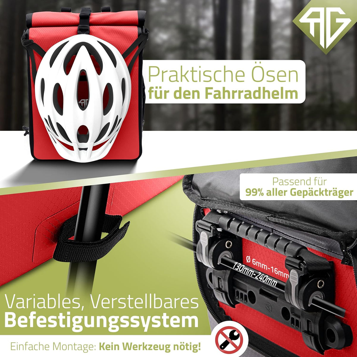 RADGEIST 3in1 fietstas voor bagagedrager - fietsrugzak - draagtas - schoudertas - met laptopvak - waterdicht - 25L - rood
