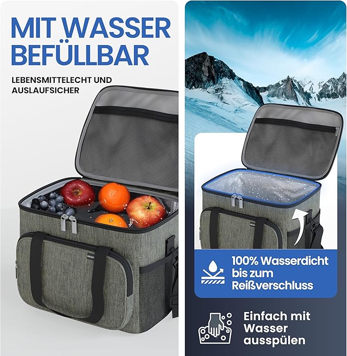 HELDENWERK Grote koeltas, opvouwbaar, geïsoleerde koelbox, thermotas, lekvrij en waterdicht, picknicklunchtas, ontbijttas, thermotas, isoleertas - Olijfgroen