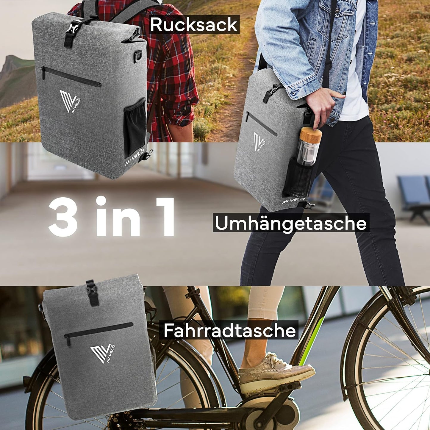 MIVELO 3-in-1 Waterdichte Fietstas voor Bagagedrager - PVC-vrij - Grijs - 25 L