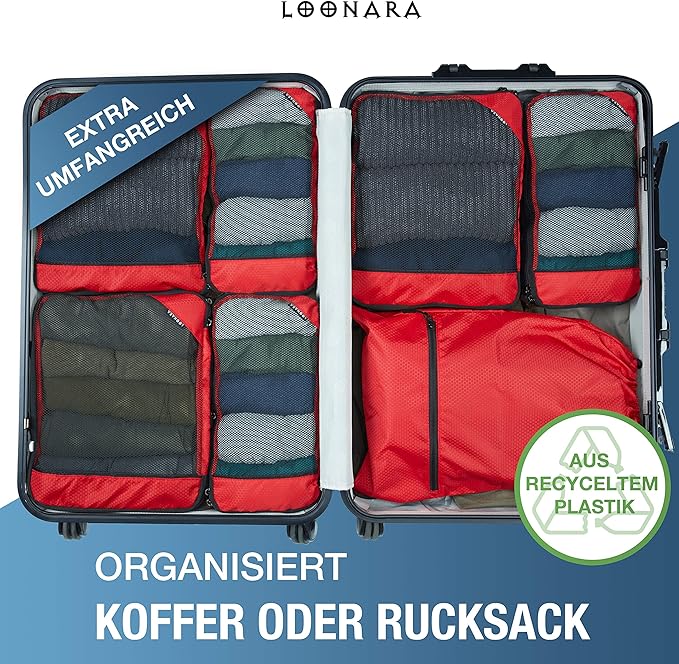 Packing Cubes met compressie voor koffer en rugzak incl. draagzak, rood