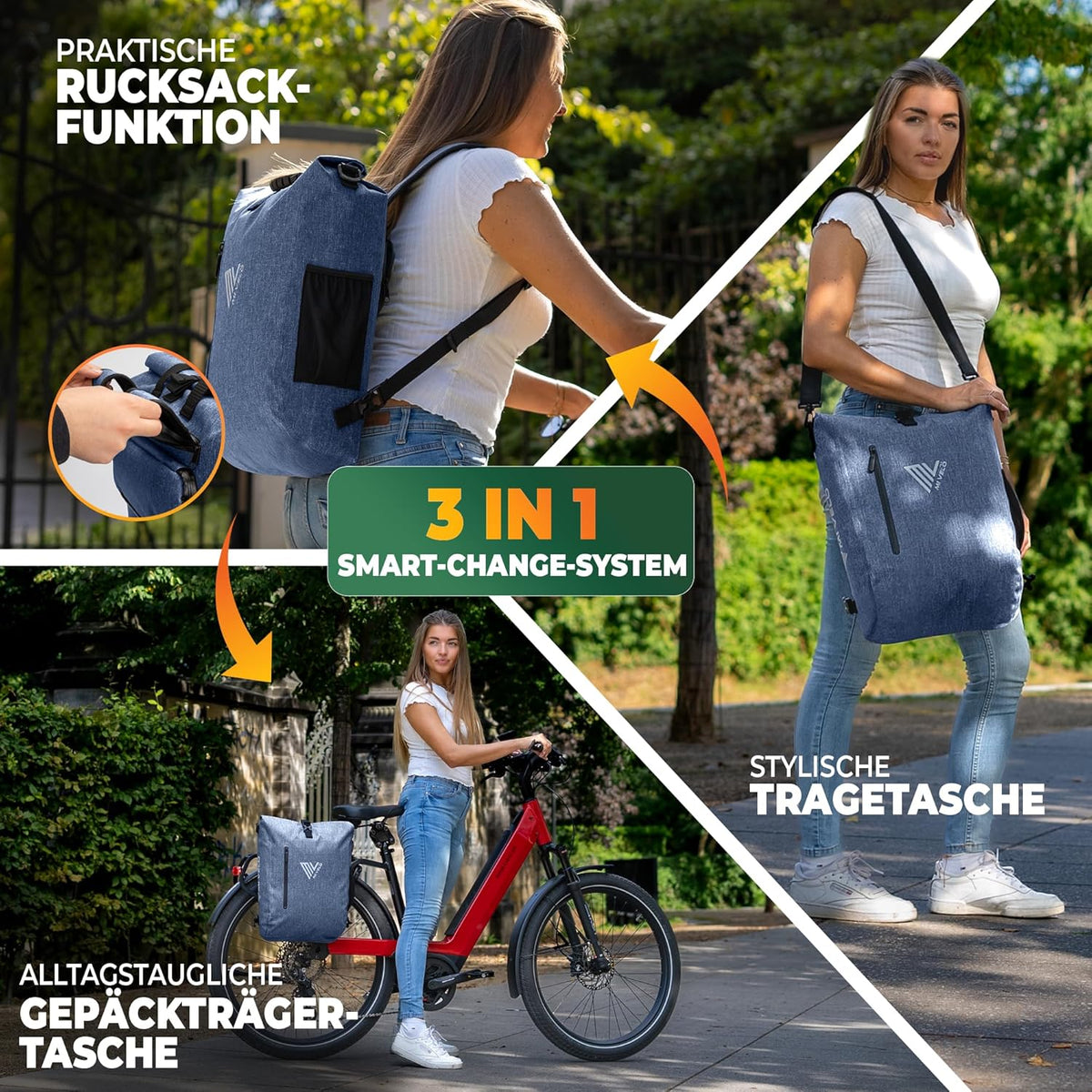 MIVELO 3-in-1 Waterdichte Fietstas met Laptopvak en Slot - PVC-vrij - Jeansblauw - 20 L