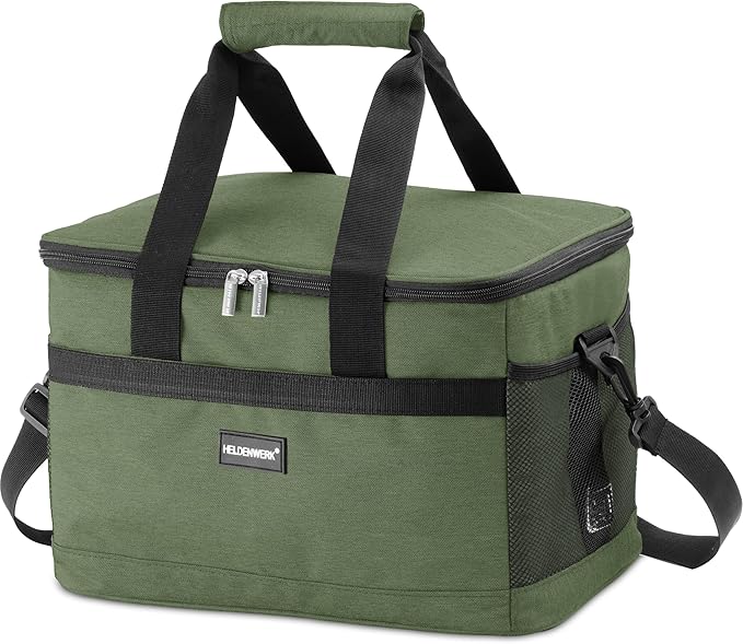 HELDENWERK Grote Opvouwbare Koeltas – Koelbox met tot wel 12 uur koelvermogen, lekvrij en waterdicht – Thermische tas, picknicktas, lunchtas, geïsoleerde tas met 7 compartimenten – versterkte bodem - Olijf groen
