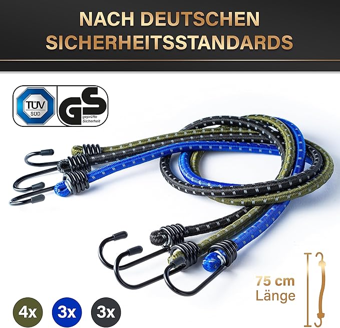 Heldenwerk Set van 10 Expanderbanden met Haken – TÜV/GS Gecertificeerd, 30–100 cm, Elastisch en Weerbestendig
