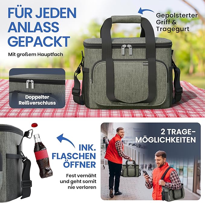 HELDENWERK Grote koeltas, opvouwbaar, geïsoleerde koelbox, thermotas, lekvrij en waterdicht, picknicklunchtas, ontbijttas, thermotas, isoleertas - Olijfgroen