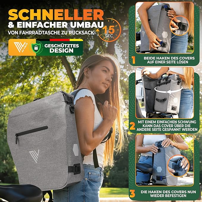 MIVELO Fietstas – 3-in-1 Rugzak & Schoudertas – Waterdicht Thermoplastisch Polyurethaan – 20 liter – Grijs
