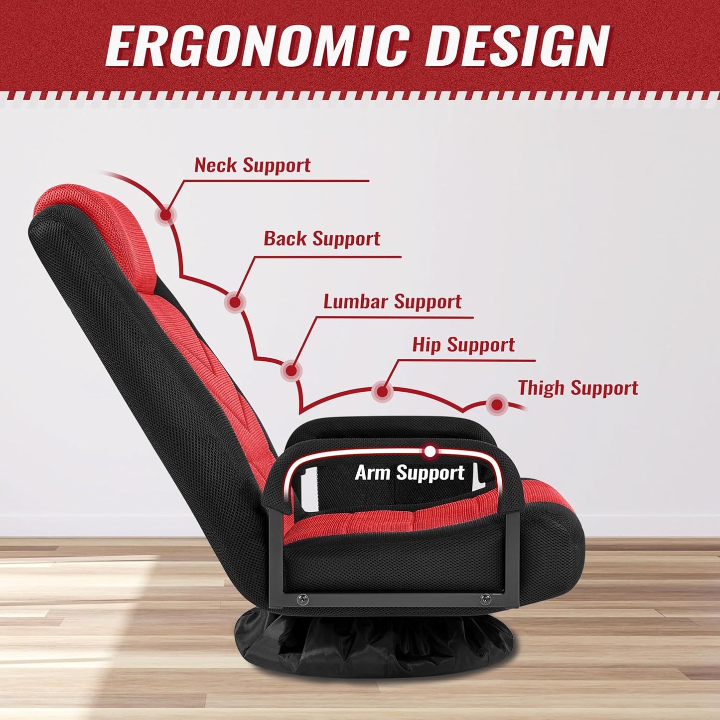 Yaheetech Draaibare Floor Gaming Chair – Verstelbare Game Stoel met Armleuningen en Zijvak