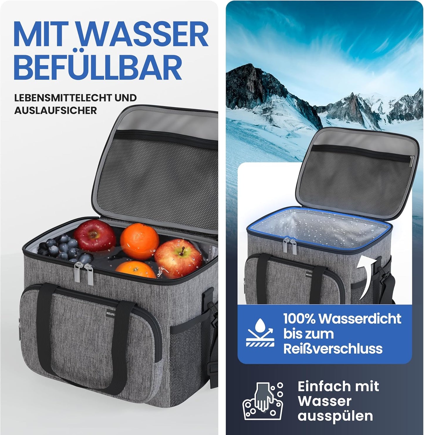 HELDENWERK Opvouwbare Koeltas 20L – Geïsoleerde Koelbox – Lekvrij & Waterdicht – Thermische Picknick- en Lunchtas - Donkergrijs