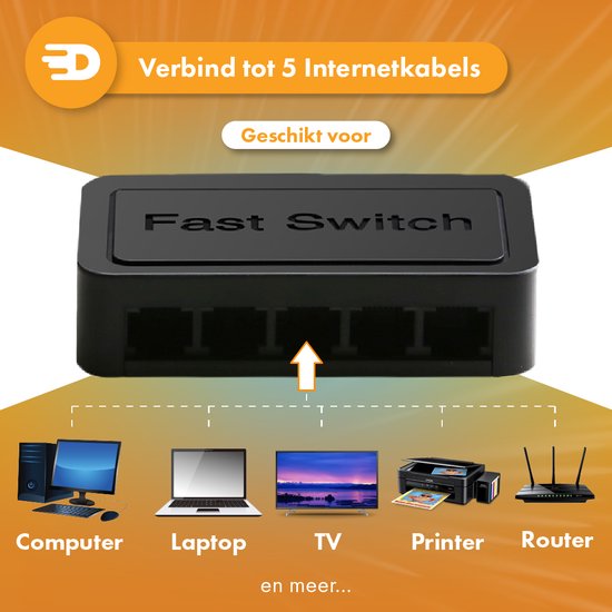 Drivv. Netwerk Switch - Tot 1000Mbps - 5 Poorten - Internet Switch - RJ45 splitter - zwart