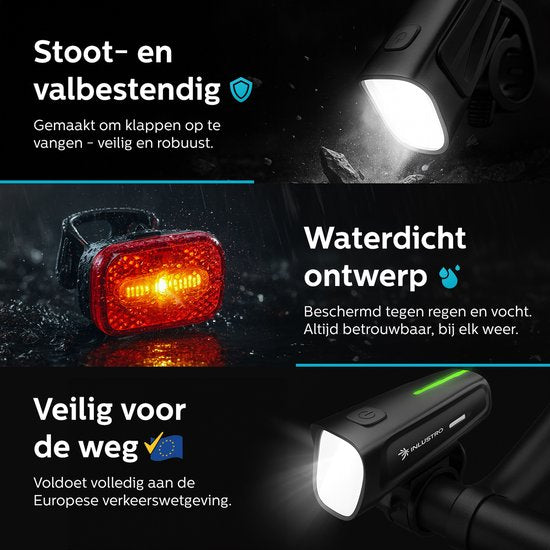 Inlustro Oplaadbaar LED Fietsverlichting Set - Met Verblindingsreductie en Remsensor - Racefiets / Wielrennen / MTB Fietslicht - Fietslamp Rood en Koplamp Wit - Voorlicht Achterlicht Fietslampjes - Waterdicht / USB-C
