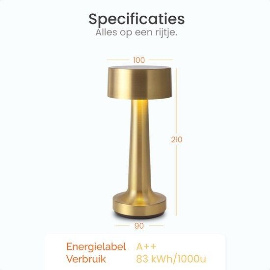 Goliving Tafellamp Oplaadbaar – Draadloos en dimbaar – Moderne touch lamp – Nachtlamp Slaapkamer – 21 cm – Goud