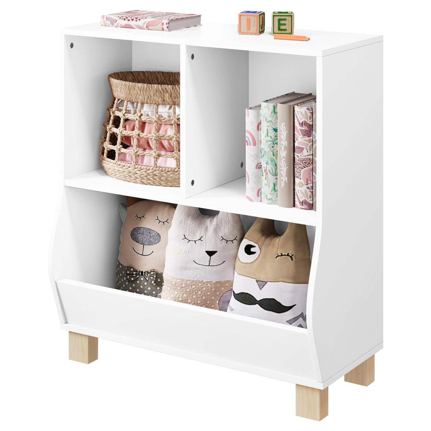 Lestarain Montessori kinder boekenkast - wit - 3 vakken - met massief houten poten - 71,5 x 77 x 34,5 cm