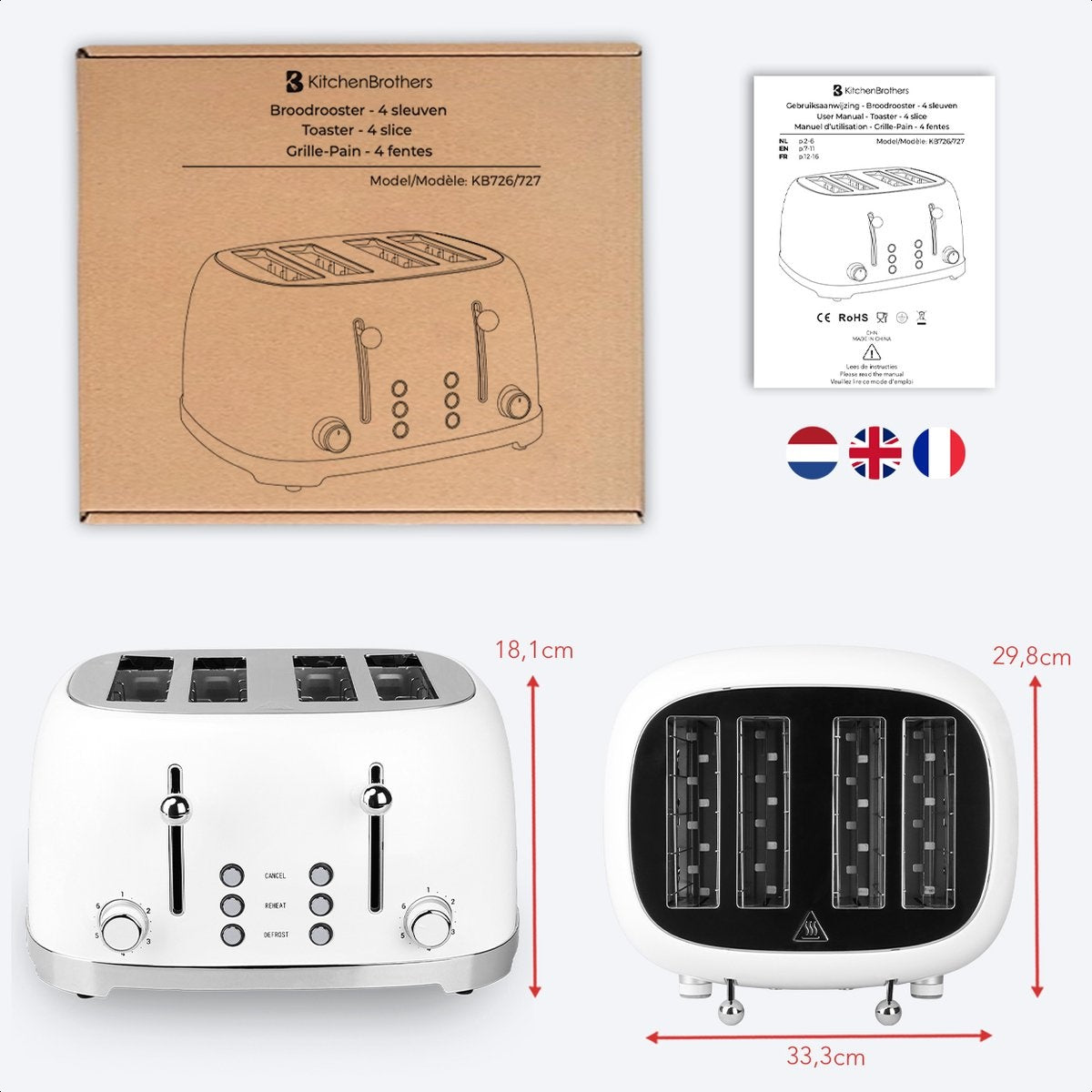 KitchenBrothers Retro Broodrooster - 6 Warmteniveaus - 4 Extra Brede Sleuven - 1630W - Reheat en Ontdooi-functie - Wit