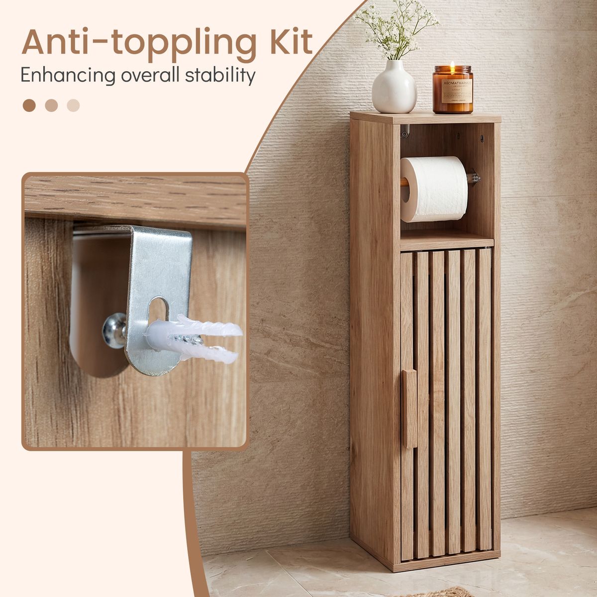 Coast Smalle Badkamerkast - toiletpapierhouder - verstelbare legplank - natuurkleur 20 x 19 x 78 cm