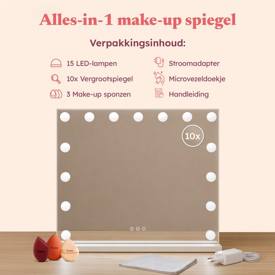 Fraay® Hollywood Spiegel met Verlichting 60x50cm - 3 Lichtstanden - Luxe Make Up Spiegel met 10x Vergrootspiegel - LED Verlichting Dimbaar - Incl. 2 Beauty Blenders en Powder puff
