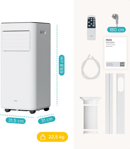 MOA Mobiele Airco - 9.000 BTU - 3-in-1 - Met Afstandbediening - Tot 30m² - Airconditioner met Ontvochtigingsfunctie - Raamafdichtingskit - Wit