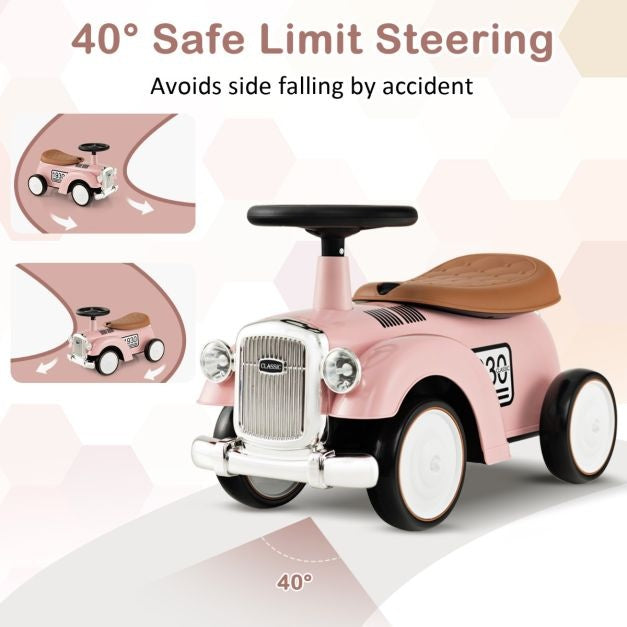 Retro Kinderspeelauto Functioneel Stuur Opbergruimte Onder de Stoel Grote EVA Wielen Loopauto op Vloerhoogte met Leuke Stickers Roze
