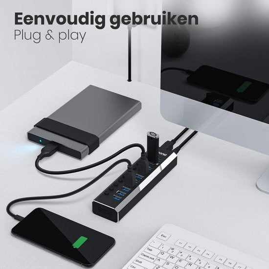Auronic USB Hub 3.0 - USB Splitter met 10 Poorten - met Voeding - 5 GBPs - Led Indicatie - Zwart