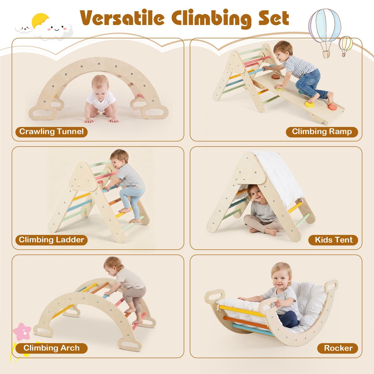 Coast Montessori klimset van hout - 3-in-1 speelset met klimdriehoek, klimboog en helling - kleurrijk