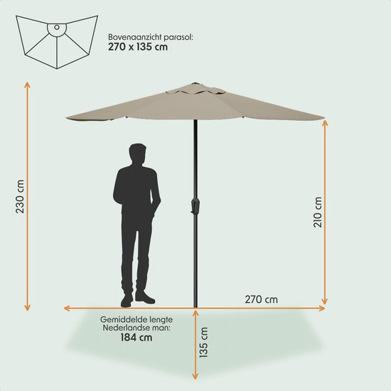LifeGoods Balkon Parasol - Tuin - 270x135 cm - Halfronde Parasol - Waterdicht - UPF50+ - Taupe
