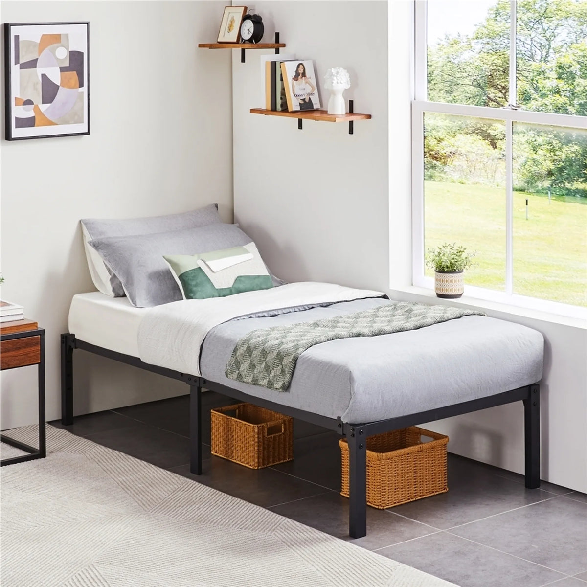 Metalen Bedframe 90 × 200 cm met Lattenbodem en 37,5 cm Opbergruimte Zwart