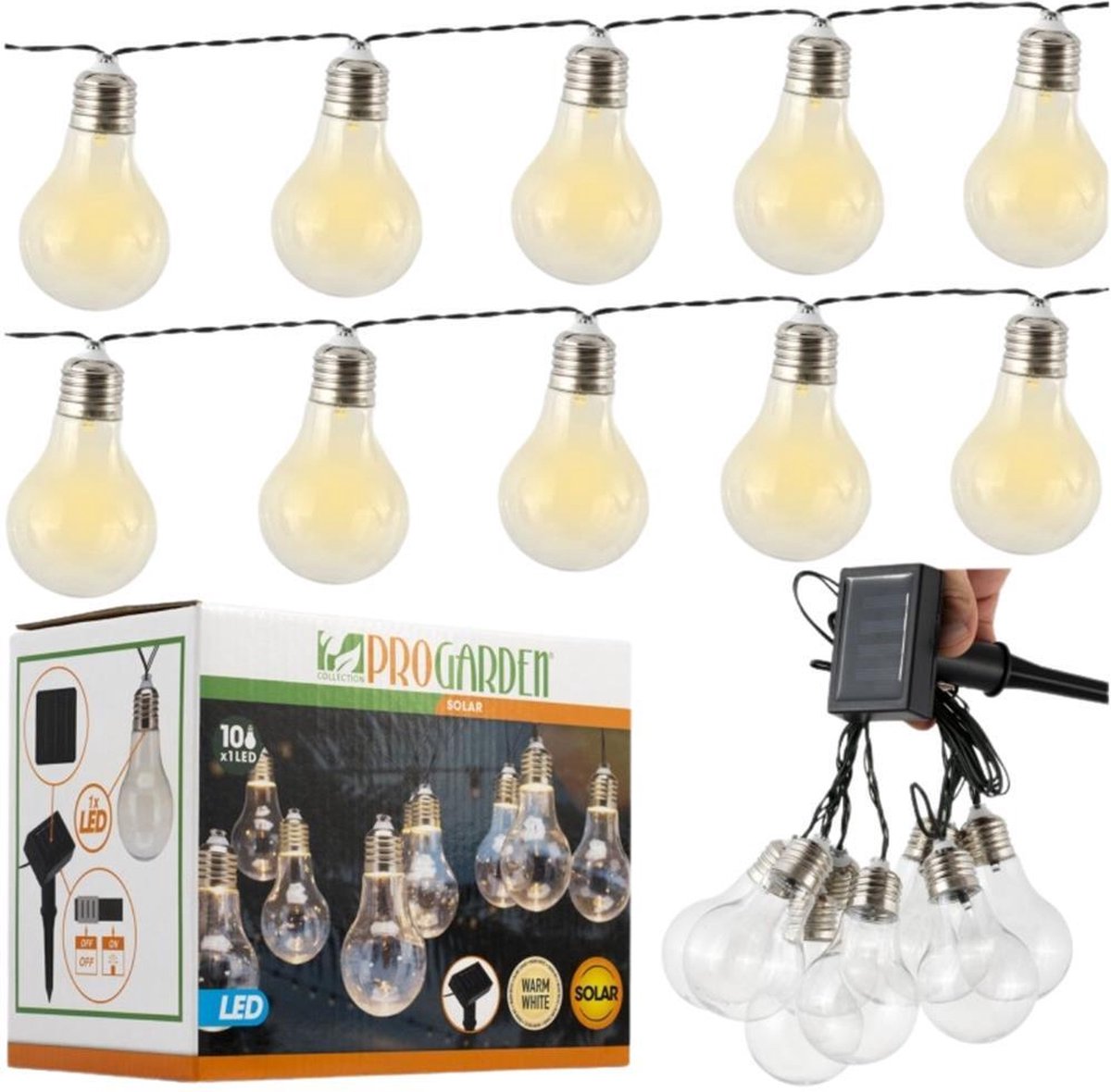 Feestverlichting - Solar - 10 LED Lampen - Transparant - Warm Wit