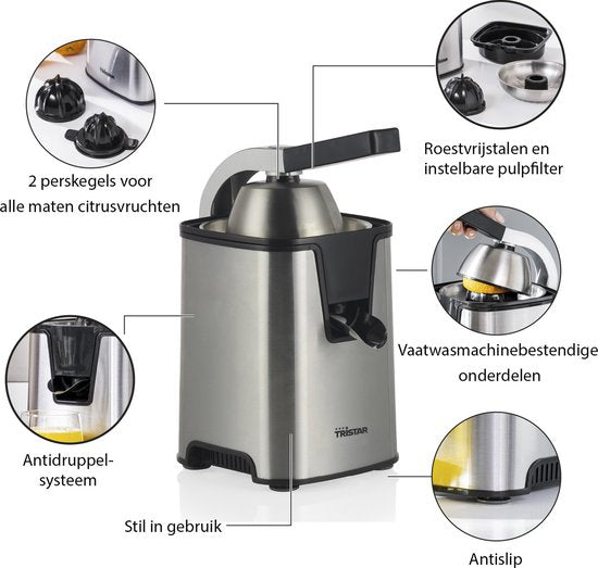 Tristar Citruspers Elektrisch - CP-3009 - 350W - Incl. 2 perskegels, pulpfilter, druppelstop, pershendel - RVS
