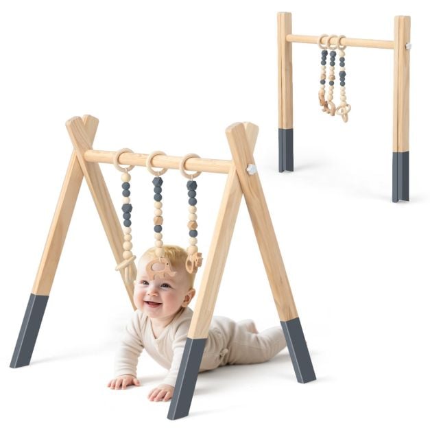 Coast Houten Babygym – 3 Hangspeeltjes – 60 x 44 x 60 cm – Groen, Grijs en Roze