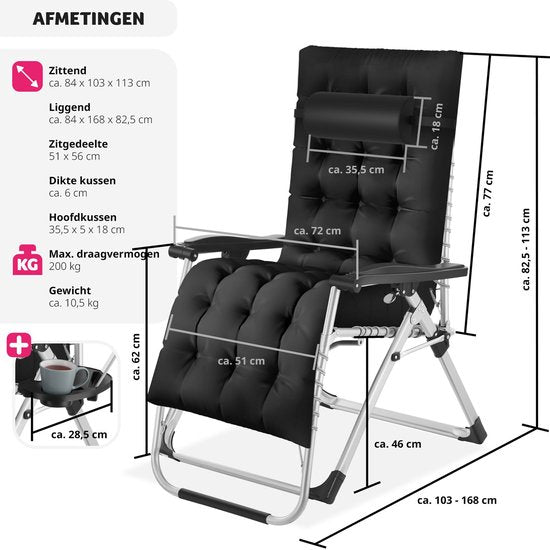Tectake - Tuinligstoel - Opklapbaar - Tot 200 kg - 84 x 103 x 113 cm - Zwart