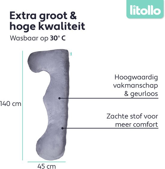 Litollo® Zwangerschapskussen XL - Voedingskussen - Lichaamskussen - Body pillow - 140cm - Afneembare hoes - Grijs - Fleece