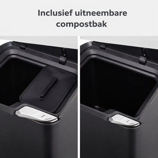 Bayt Prullenbak 60 Liter - Vuilnisbak 60 Liter - Prullenbak Afvalscheiding - 2 Compartimenten - RVS - Zwart