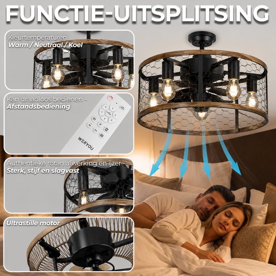 WERYOU® illuminAIR Plafondventilator - Plafonniere - Plafondventilator met Afstandsbediening - Plafondlamp - Plafond ventilator met Verlichting - Ventilator lamp