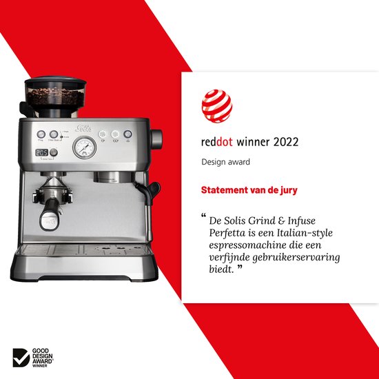 Solis Grind & Infuse Perfetta 1019 Pistonmachine met Bonenmaler - Met Stoom- & Heetwaterfunctie - Voorbrouwfunctie - Gebruiksklaar in 45 Seconden - Energiebesparend - Zilver