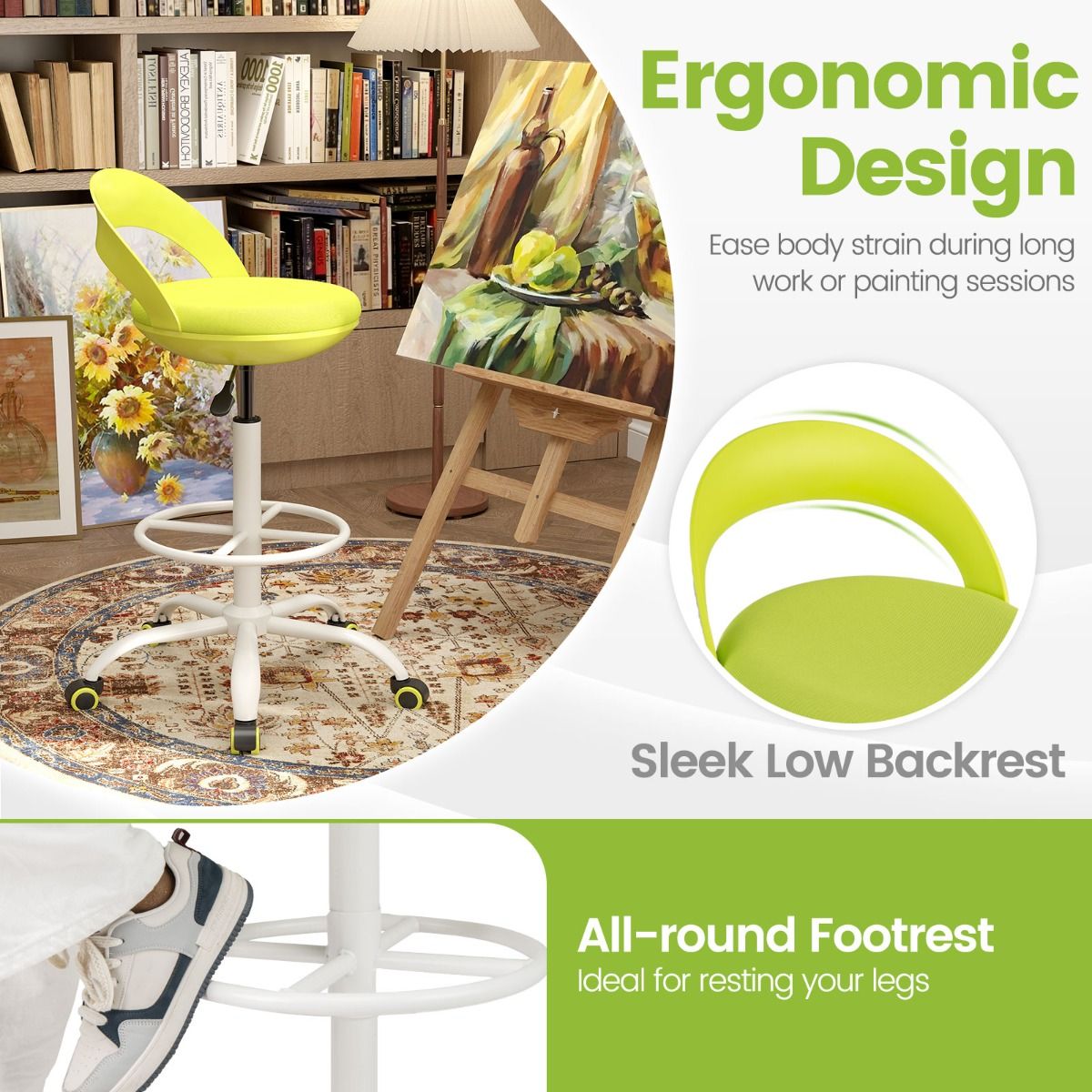 Coast Verstelbare Werkstoel met Wielen - Ergonomische draaikruk - Kunstlederen zitting - Groen