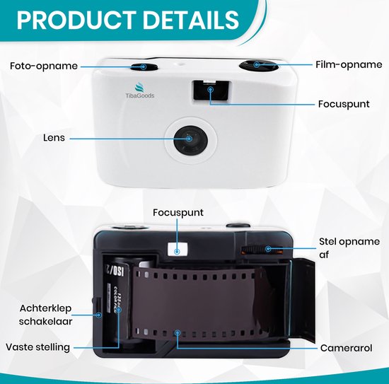 TibaGoods wegwerpcamera - Met rol - Waterdicht - Analoge Camera - Kinder Camera - Wit