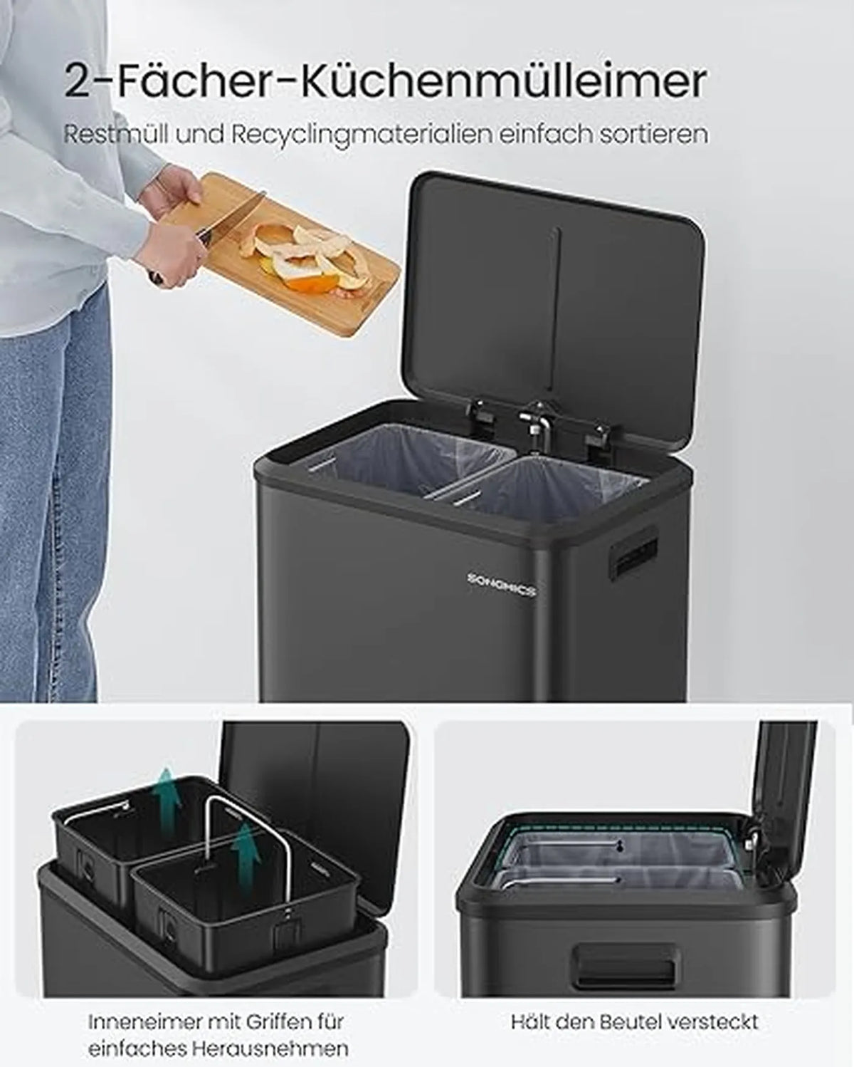 Songmics Keukenafvalscheidingssysteem 30L – 2x15 L Afvalbak – Inktzwart – Staal