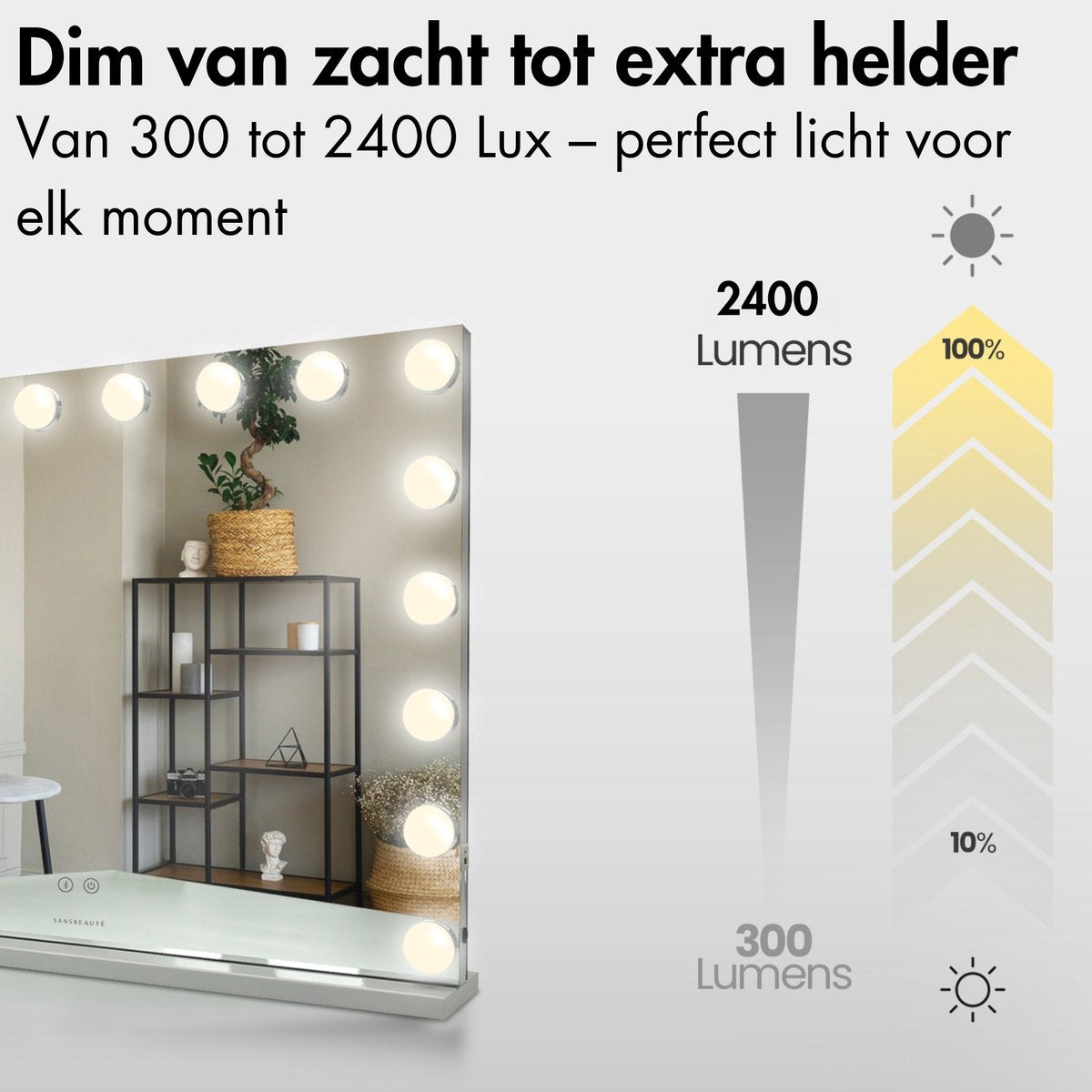 Sansbeauté® Hollywood Spiegel 80x60 cm - Make-up Spiegel - 18 LED Lampen - 10x Vergroting - Dimbaar - USB Oplaadpoort - Touch Control - Bluetooth - Multi