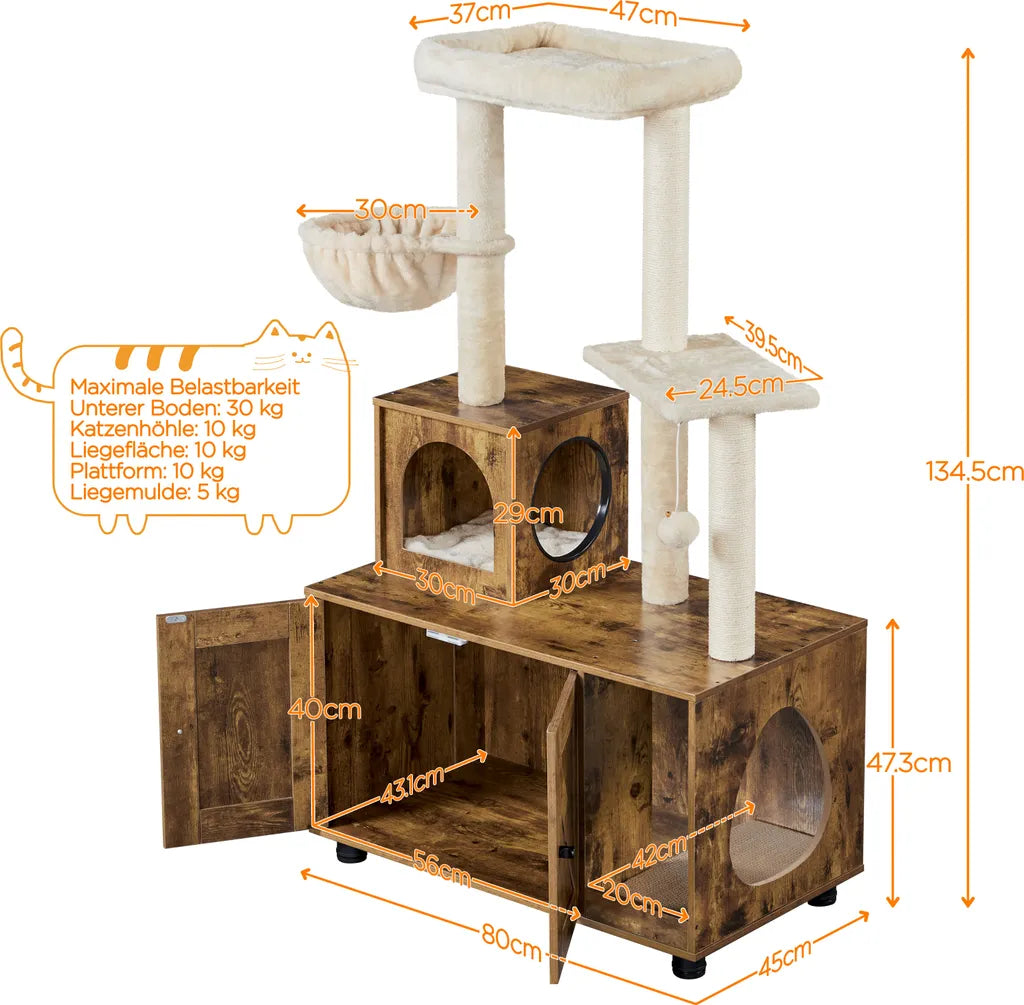 Yaheetech Krabpaal met Kattenbakmeubel 80 x 45 x 134,5 cm - Vintage Bruin/Beige - 2-in-1 Kattenmeubel met Krabpaal en Kattenbak Kast
