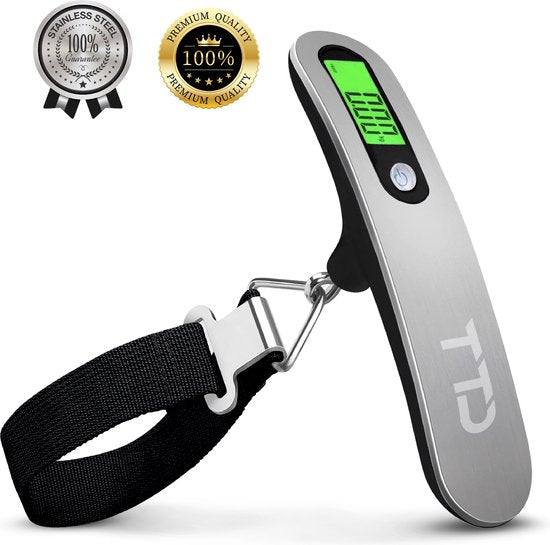 TTD® Kofferweegschaal met Verlicht Scherm - Weegcapaciteit 50 kg - Bagageweegschaal - Bagageweger - Hangweegschaal - Digital Luggage Scale - Kofferweger - Reizen met Vliegtuig - kg/g/lbs/oz - Inclusief Batterijen - Zwart