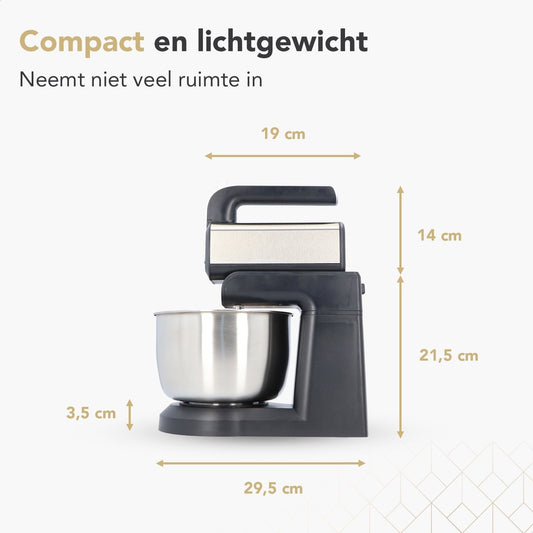 Rochester handmixer met mengkom - Keukenmachine - 5 Snelheden - Mixer Turbo - Incl. Kloppers, Deeghaken - RVS