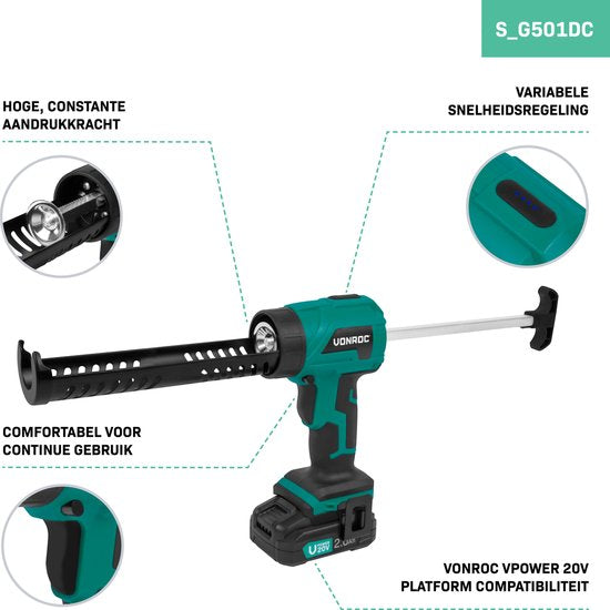VONROC Accu Kitspuit 20V - duwkracht 1.18kN/120kg - met variabele snelheidsregeling - geschikt voor alle gangbare kitpatronen - Incl. 2.0Ah Accu en snellader