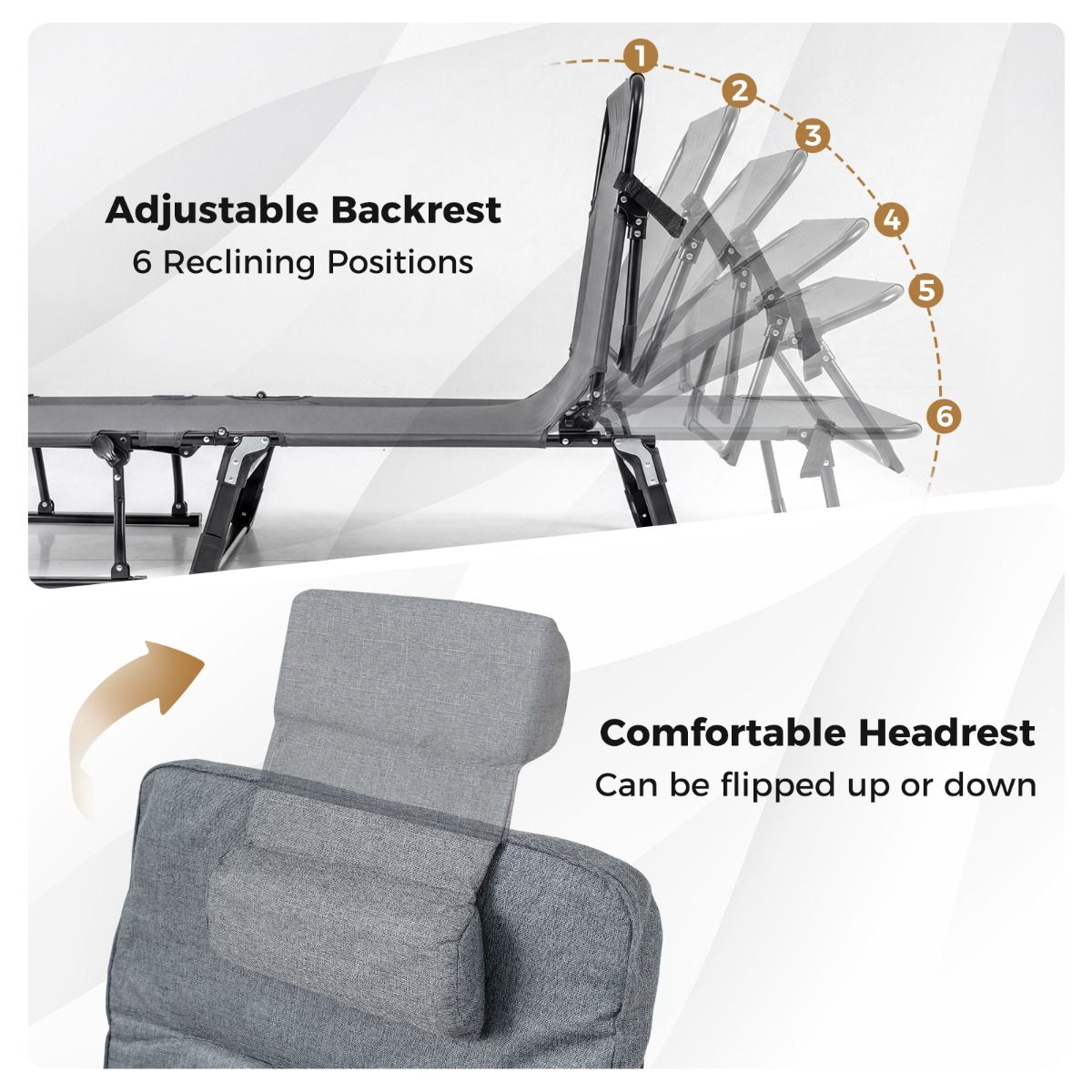 Coast Campingbed 3-in-1 Opvouwbaar Veldbed en Ligstoel - 6 standen - Grijs en Zwart