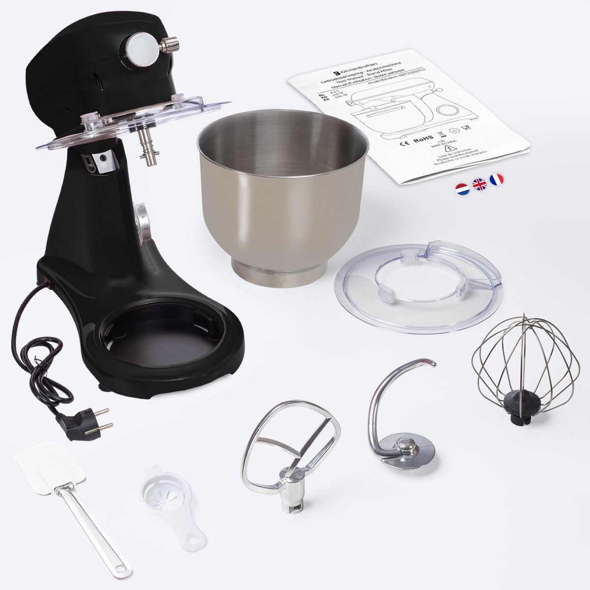 KitchenBrothers Keukenmachine - Keukenmixer met 6L RVS Mengkom - 1800W - Zwart