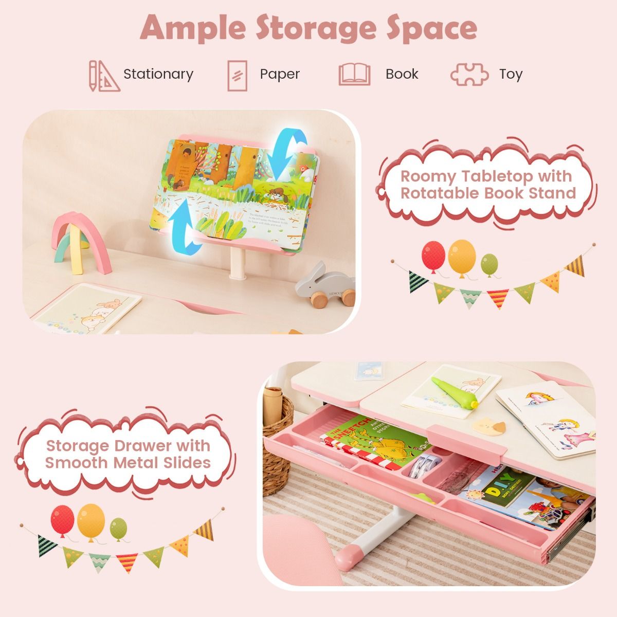coast Kinderbureau – Hoogte Verstelbaar - Kantelbaar Tafelblad - Met Boekenstandaard & Lade - 80 × 51,5 × 51–73 cm – Roze