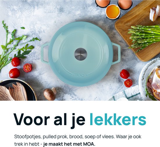 MOA Gietijzeren Braadpan - 5,7L - Voor Alle Warmtebronnen incl. Inductie - Met Deksel - Ø 26cm - Anti-Aanbaklaag - Lichtblauw