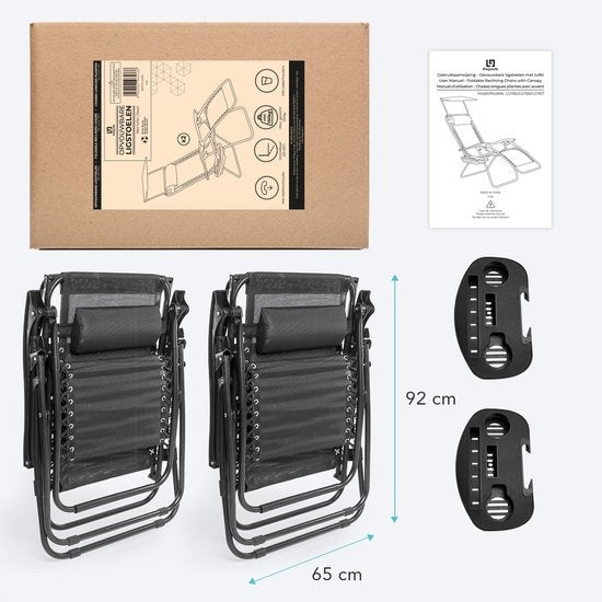 LifeGoods Opvouwbare Tuinstoelen - met Luifel - Verstelbaar Zonnescherm - 2 Stuks - 30°-90° Verstelbaar - Metaal - Zwart