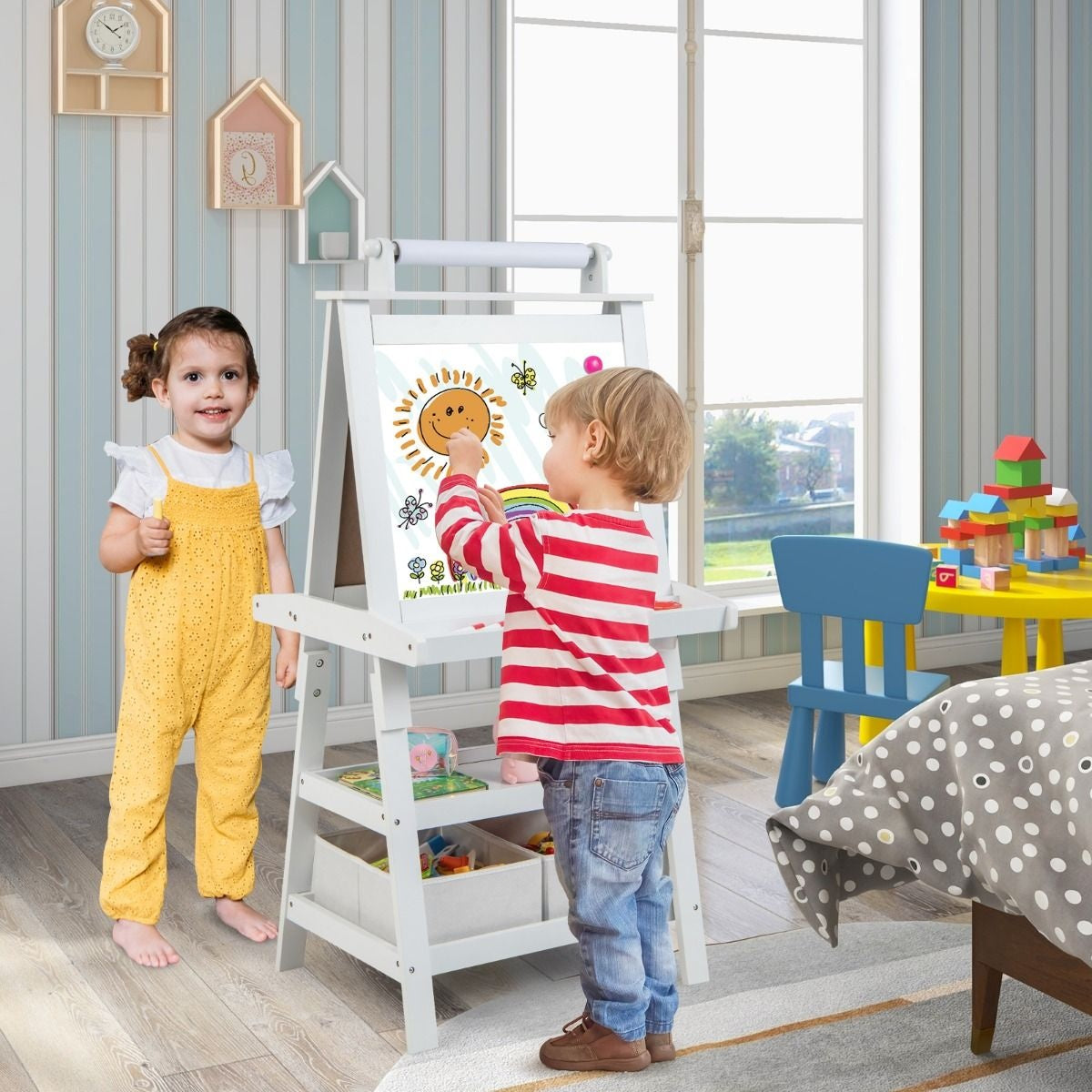 Coast 3 in 1 Kinderschildersezel - Whiteboard & Krijtbord - incl. Magneten 2 Legplanken - Beige - 59 x 50 x 117 cm