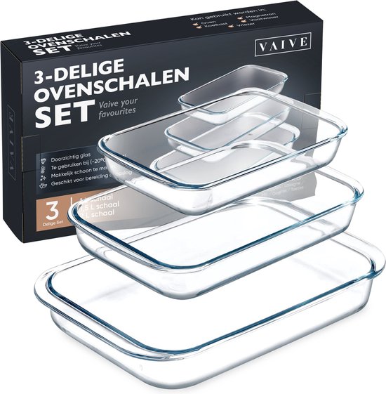 VAIVE 3-delige Ovenschaal Set - Rechthoekig - Glas