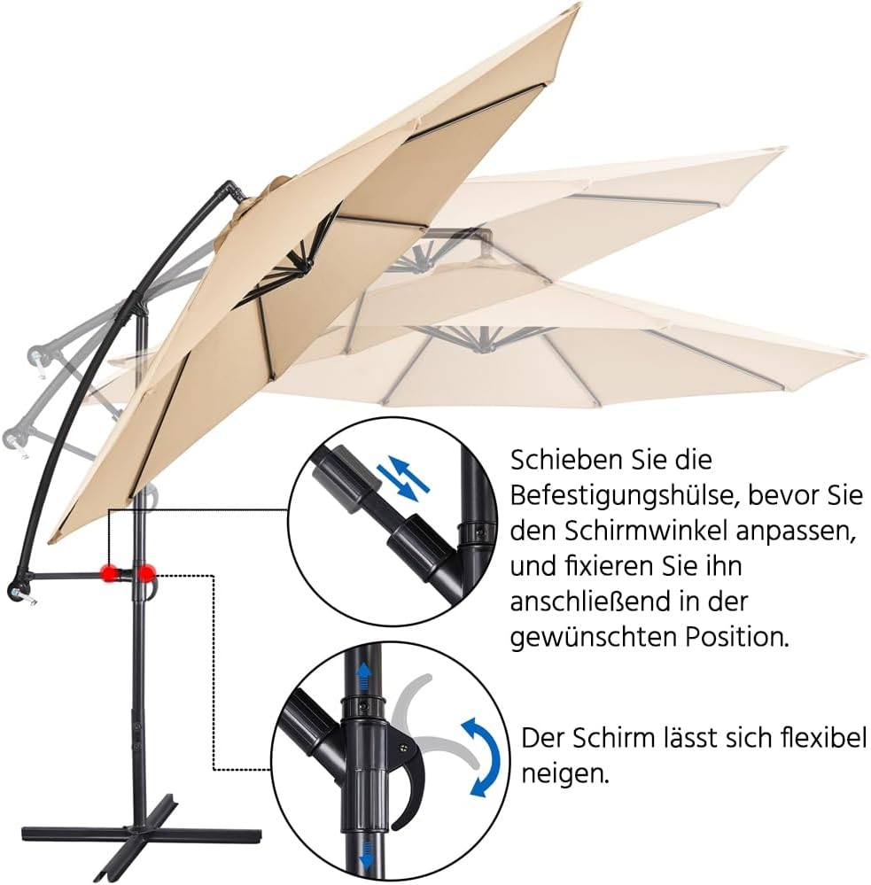 Yaheetech Zweefparasol 300 cm - Octagonaal - Polyester - Met Slinger en Kruisvoet