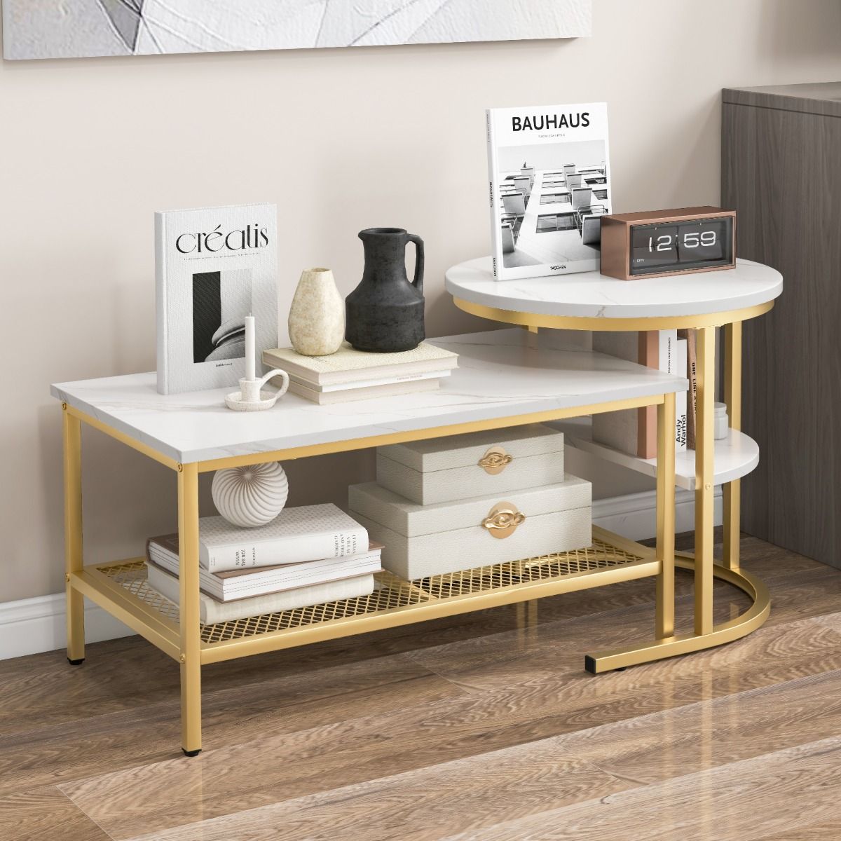 Coast Set van 2 Bijzettafels - Marmerlook tafelblad - Gouden metalen frame - Rond en rechthoekig